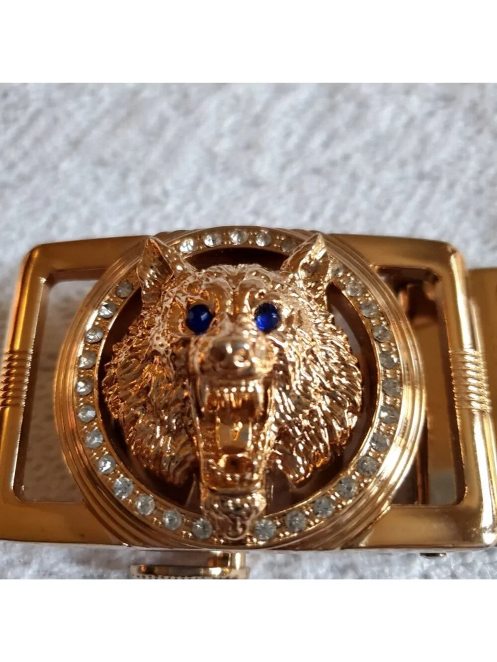 New Men XXL Black Heavy Duty Wolf Head Belt Gold Tone Rhinestone Blue Eyes